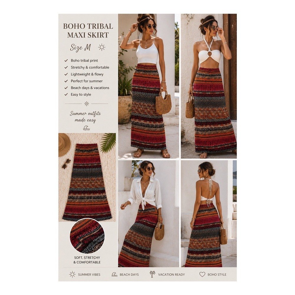 Moon Collection Boho Tribal Print Maxi Skirt Orange Red Geometric Summer Medium